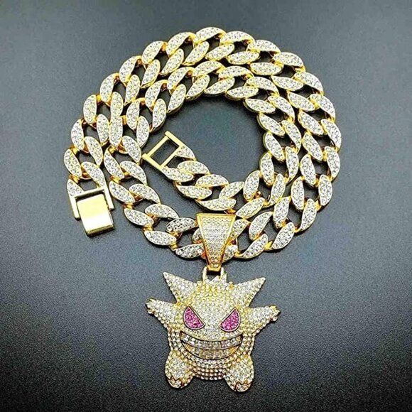GENGAR Pokemon Link Chain 18K Gold Plated Jewelry Thick Cuban Necklace Men NWT - Picture 1 of 5